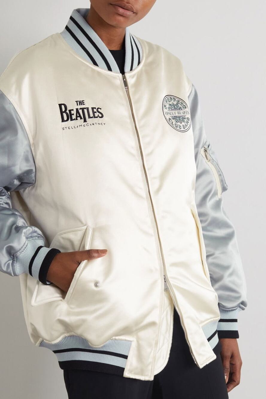 STELLA MCCARTNEY White The Beatles Get Back Embroidered Satin Bomber Jacket XS